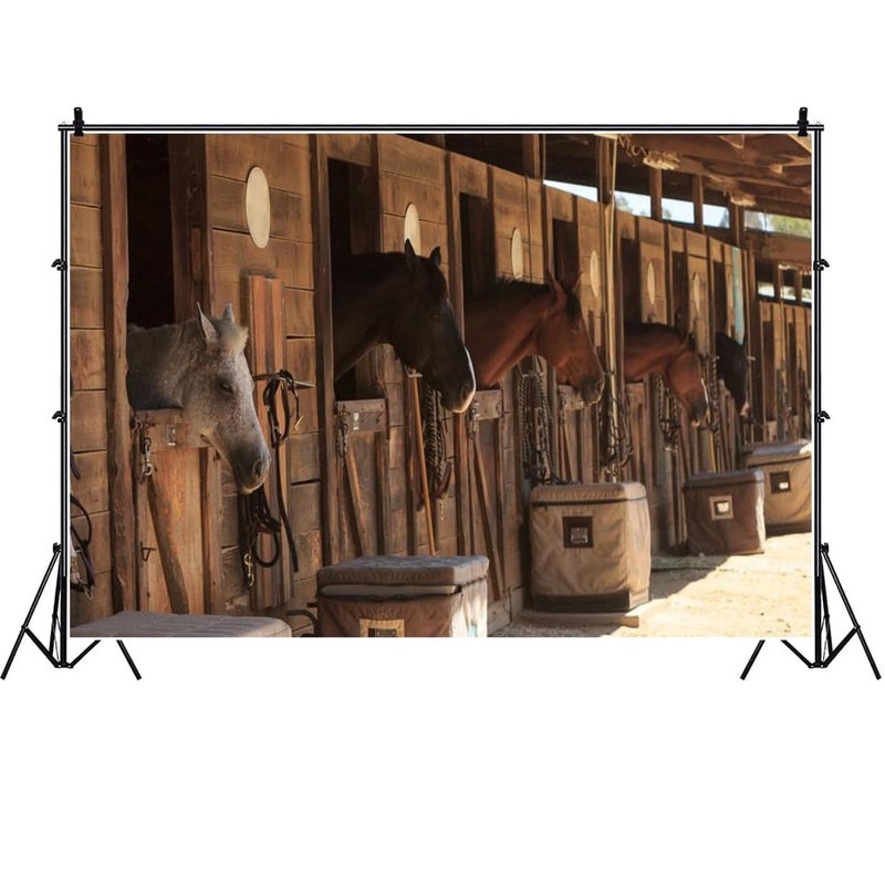 Laeacco Stable Backdrop 7x5ft Vinyl Photography Background - Stud-Farm Horses Scene - Farm Country Village Rustic Rural Theme - Cowboy Portrait Background Prop - Image 2